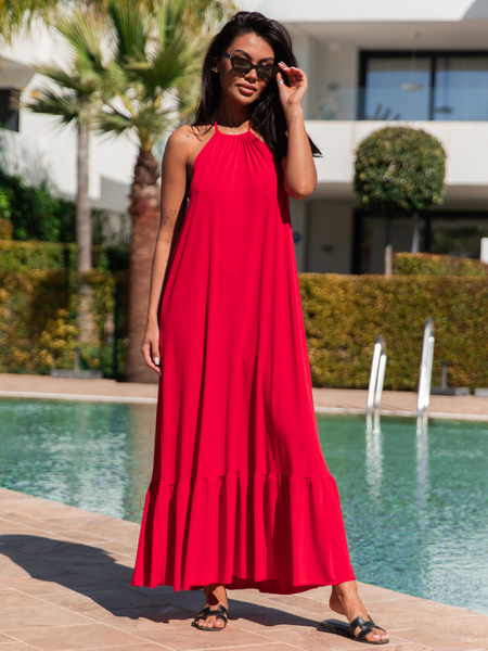 Zwiewna maxi SUKIENKA z odkrytymi plecami z dekoltem halter czerwona X105 k01