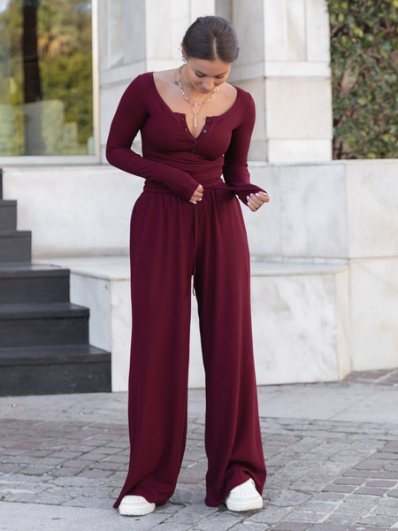 Luźne komfortowe SPODNIE z prążkowanej dzianiny wiscoza i bawełna bordowe X507