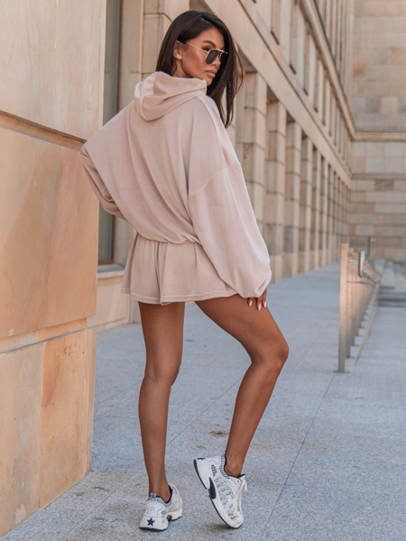 Luźna BLUZA z kapturem oversize szeroka z miękkiego weluru beżowa X264 k01