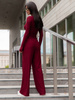 Wiskozowy KOMPLET dopasowana bluzka z długim rękawem i luźne spodnie bordowy E351
