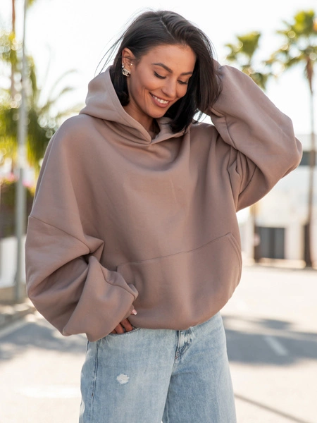 Viralowa Dresowa bawełniana BLUZA z kapturem oversize szeroka mokka E644