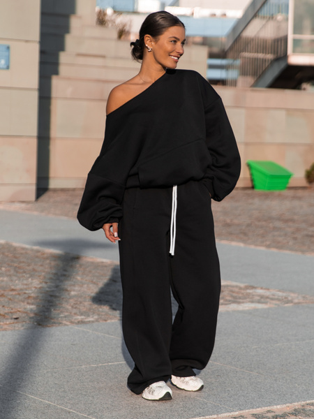 Dresowa bawełniana BLUZA opuszczana na ramiona oversize szeroka czarna X400