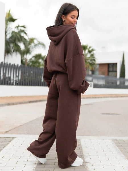 Dresowe bawełniane SPODNIE  z szerokimi nogawkami brązowe X31