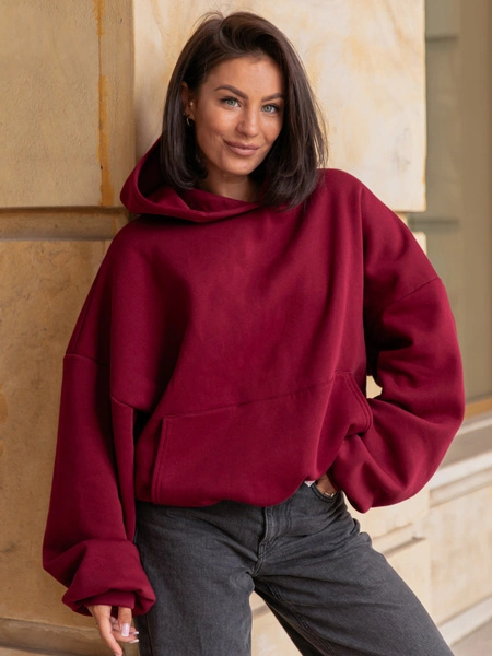 Viralowa Dresowa bawełniana BLUZA z kapturem oversize szeroka bordowa E644