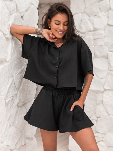 KOMPLET krótka koszula z krótkim rękawem i spodenki z tkaniny ala len czarny X162 k01