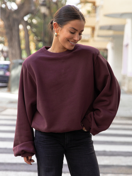 Oversizowa bawełniana BLUZA z drapanego dresu z poduszkami na ramionach śliwkowa X469