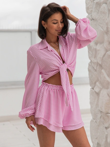 Zwiewne krótkie SPODENKI szorty w kratkę baby pink X207 k01