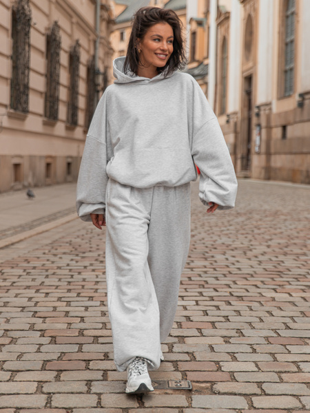 Luźna BLUZA z kapturem oversize szeroka z bawełnianej dresówki niedrapanej od wewnątrz szary melanż X150