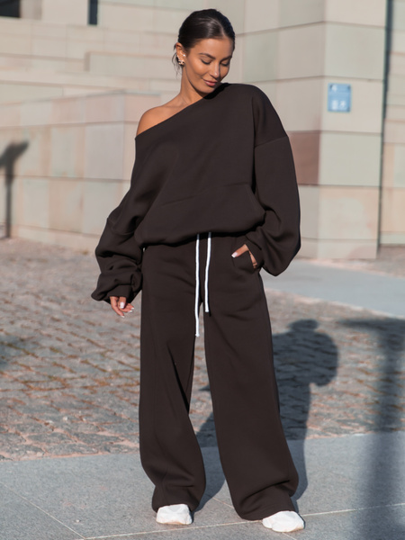 Dresowa bawełniana BLUZA opuszczana na ramiona oversize szeroka dark chocolate X400