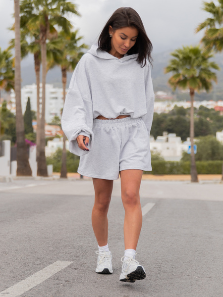 Bawełniana krótka oversizowa BLUZA dresowa z kapturem kangurka szary melanż X51 k01