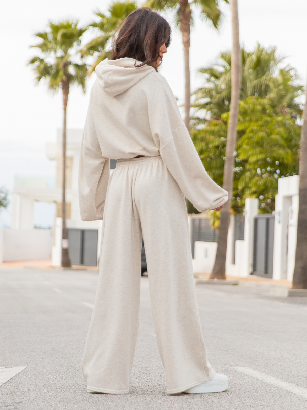 Oversizowa BLUZA ze ściągaczem z bawełnianej dresówki z lnem z troczkami beż melanż X27 k01