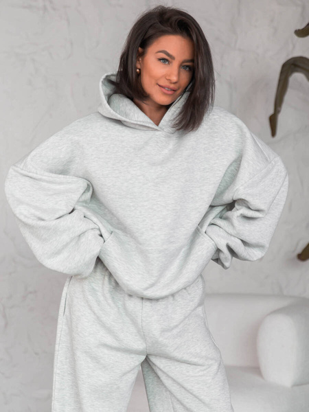 Dresowa bawełniana BLUZA z kapturem oversize szeroka szary melanż E644