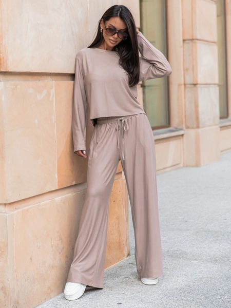Codzienny komfortowy KOMPLET z wiscozy luźna bluzka z długim rękawem i szerokie spodnie mokka X318