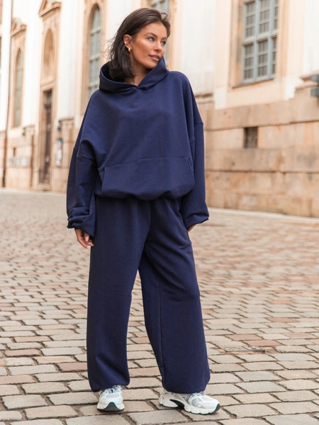 Luźna BLUZA z kapturem oversize szeroka z bawełnianej dresówki niedrapanej od wewnątrz navy blue X150