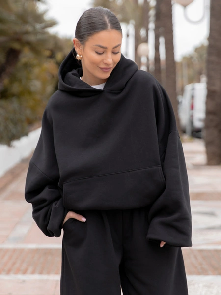 Dresowa bluza z bawełny baggy z kangurką i kapturem czarna X562