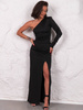 Elegancka maxi SUKIENKA z asymetrycznym dekoltem z jednym długim rękawem czarna E624 k01