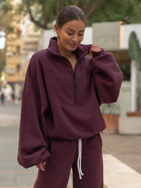 Oversizowa bawełniana BLUZA z dresu drapanego na stójce z zamkiem śliwkowa X477