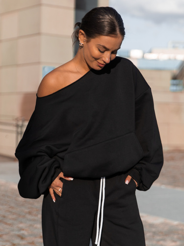 Dresowa bawełniana BLUZA opuszczana na ramiona oversize szeroka czarna X400