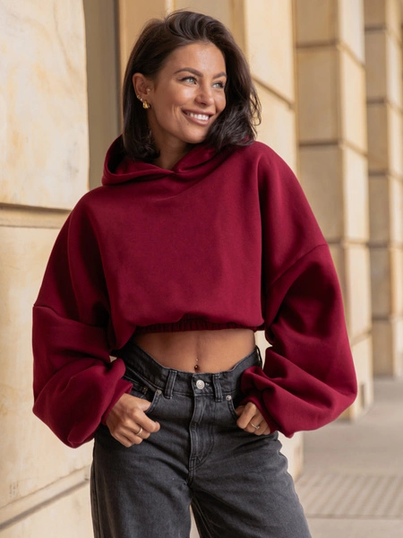 Dresowa bawełniana BLUZA kangurka z kapturem o krótszym kroju bluzowana bordowa X304