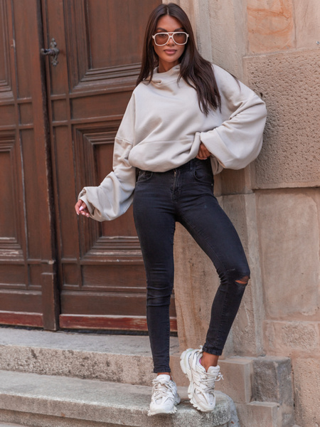 Bawełniana BLUZA z drapanego dresu z kapturem na stójce z kieszeniami kangurka stone E1