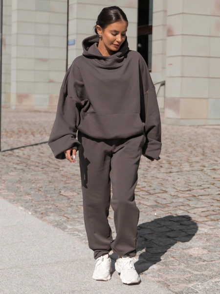 Viralowa Bawełniana BLUZA z drapanego dresu z kapturem na stójce z kieszeniami kangurka dark mokka E1