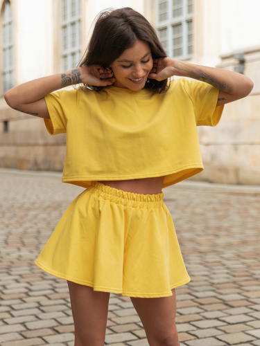 Dresowy bawełniany KOMPLET krótki oversizowy t-shirt i krótkie spodenki żółty X133