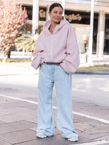 Bawełniana oversizowa BLUZA z kapturem zapinana na zamek z dresu drapanego baby pink X508
