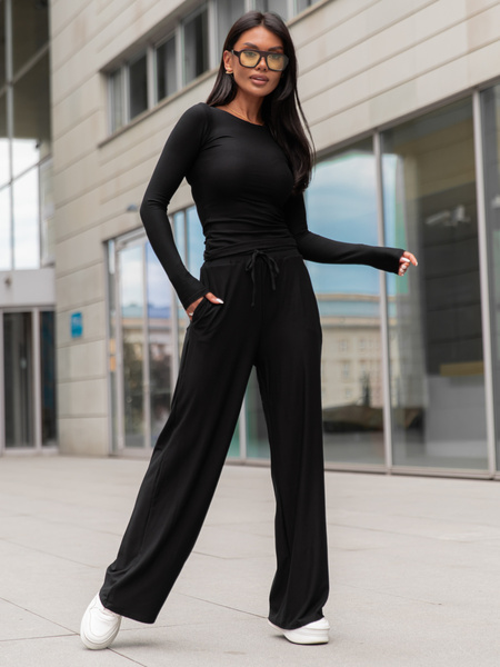Wiskozowy KOMPLET dopasowana bluzka z długim rękawem i luźne spodnie czarny E351