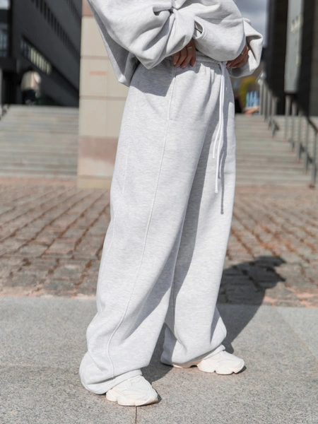 Dresowe bawełniane SPODNIE oversize ze średnim stanem z przeszyciami szary melanż X401