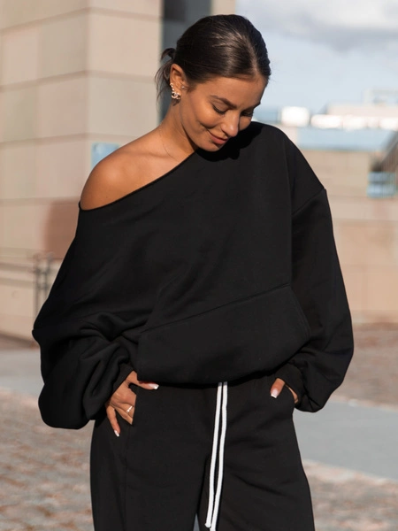 Dresowa bawełniana BLUZA opuszczana na ramiona oversize szeroka czarna X400