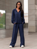 Wiskozowy codzienny KOMPLET lużna bluzka o kroju koszuli i luźne spodnie navy blue X357 k01