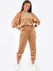 WELUROWY DRES KOMPLET BLUZA ODKRYTE RAMIONA+SPODNIE beżowy B178 k01