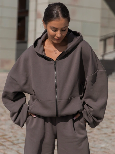 Oversizowa BLUZA z kapturem zapinana na zamek bluzowana kangurka z bawełnianej dresówki dark mokka X1
