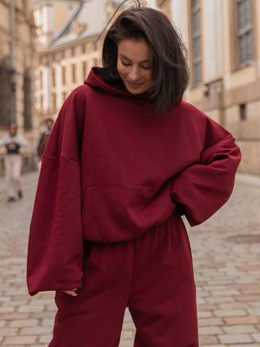 Luźna BLUZA z kapturem oversize szeroka z bawełnianej dresówki niedrapanej od wewnątrz bordowa X150