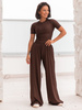Szerokie SPODNIE z wiskozy ze średnim stanem z gumką w pasie czekoladowe X202 k01