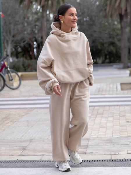 Dresowe bawełniane SPODNIE baggy beżowe E643