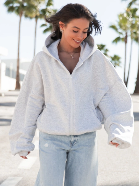 Oversizowa BLUZA z kapturem zapinana na zamek bluzowana kangurka z bawełnianej dresówki szary melanż X1