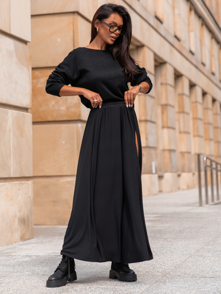 Rozkloszowana maxi SPÓDNICA z rozporkami po bokach czarna X311