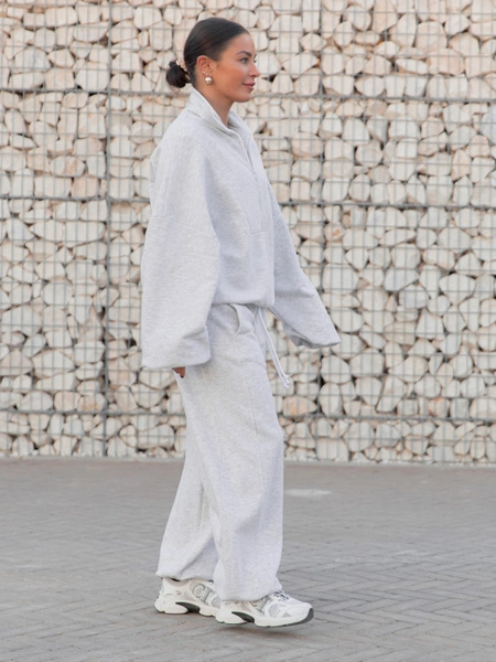 Oversizowe bawełniane SPODNIE dresu drapanego z przeszyciem i ściągaczami szary melanż X476