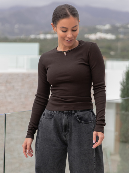 Bawełniana basicowa BLUZKA z prążkowanej dzianiny dark chocolate X513