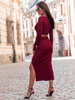 Bawełniany KOMPLET z prążkowanej dzianiny top z dekoltem z długim rękawem i spódnica midi bordowy E435 k01