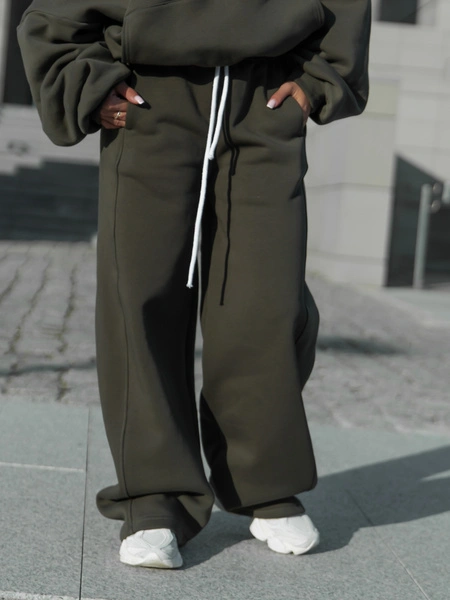 Dresowe bawełniane SPODNIE oversize ze średnim stanem z przeszyciami dark khaki X401