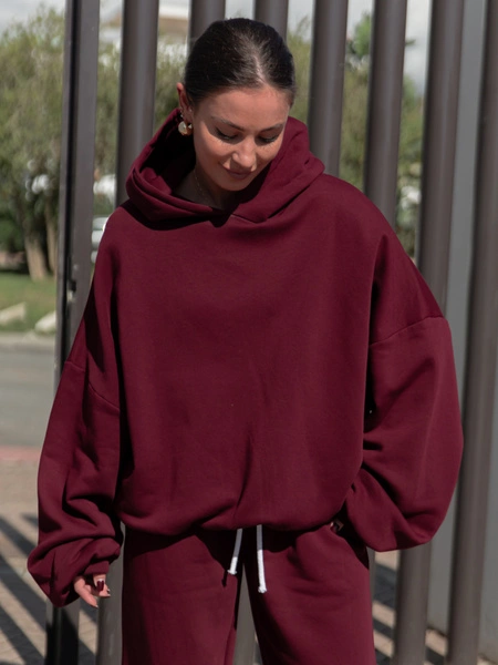 Oversizowa bawełniana BLUZA z dresu drapanego z kapturem bordowa X478