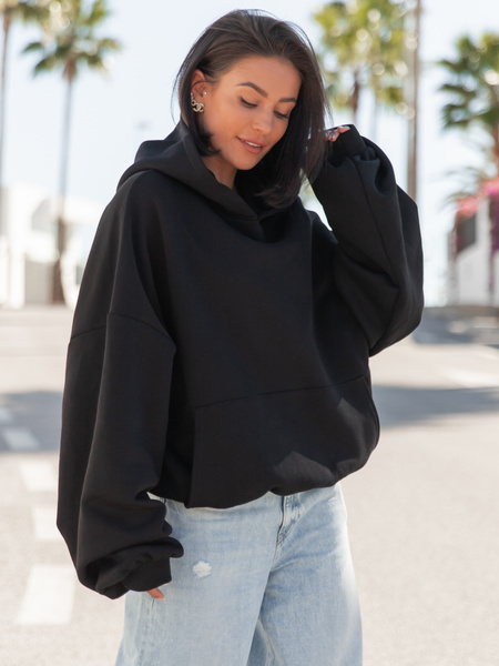 Viralowa Dresowa bawełniana BLUZA z kapturem oversize szeroka czarna E644