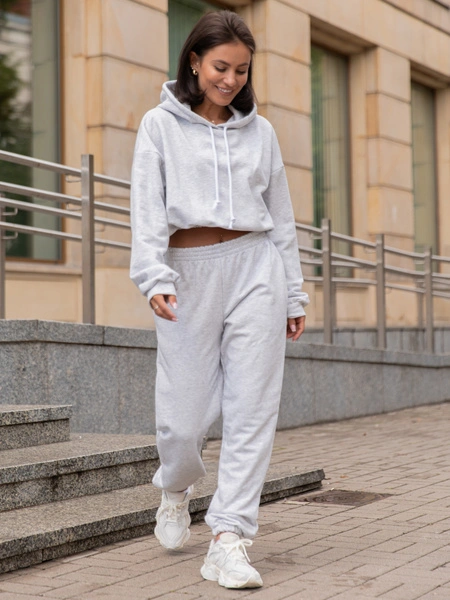 Dresowy bawełniany KOMPLET bluza kangurka z kapturem i spodnie klasyczny krój szary melanż X305 k01