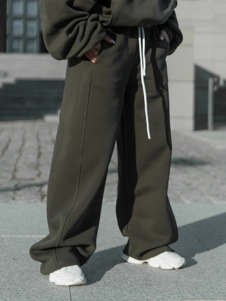 Dresowe bawełniane SPODNIE oversize ze średnim stanem z przeszyciami dark khaki X401