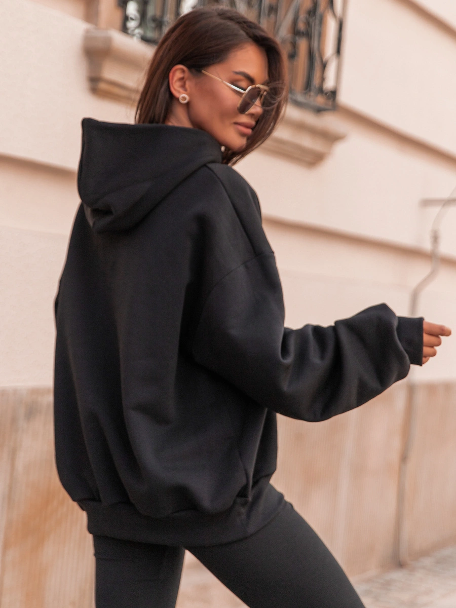 Bawełniana dresowa BLUZA oversize z kapturem i mankietami z prążkowanej dzianiny czarna E340 k01