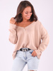 SWETER Z DEKOLTEM V OVERSIZE beżowy B189 k01