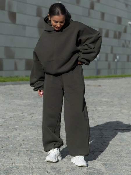 Dresowe bawełniane SPODNIE baggy dark khaki E643 k01