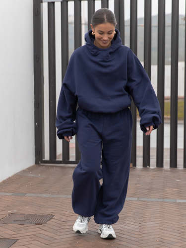 Oversizowy KOMPLET z drapanego bawełnianego dresu bluza z kapturem na stójce kangurka i spodnie szerokie baggy navy blue E1 + E643